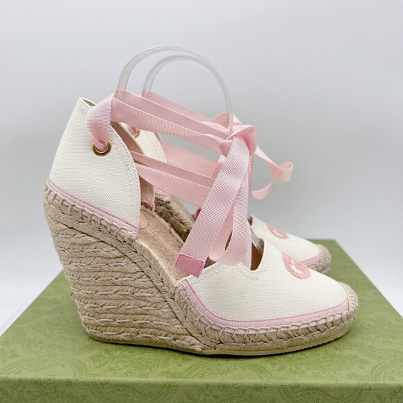 GUCCI INTERLOCKING G Platform Wedge ESPADRILLE Pink RIBBON TIE EU 40/ US 10 - Picture 5 of 12